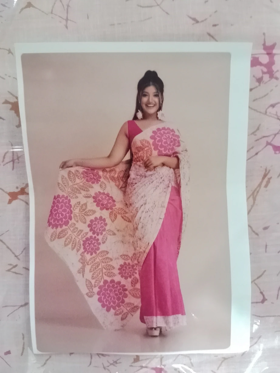 Batik Indian Budget Cotton Saree - Veets - Cream Pink Mix